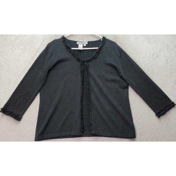 Joseph A Cardigan Sweater Womens XL Black Metallic‎ Ruffle Trim Hook & Eye Front - Picture 1 of 8